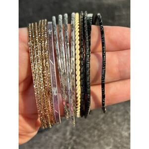 16- Thin Textured Fashion Bangle Bracelets‎ Gold, Silver, Black Tone Stackable